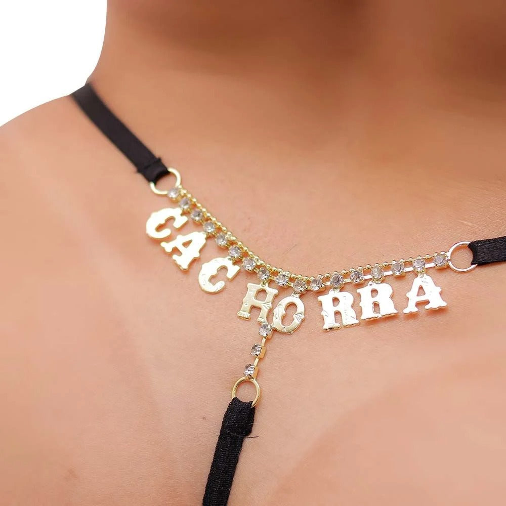 Calcinha Renda Fio Strass e Frase - Preta
