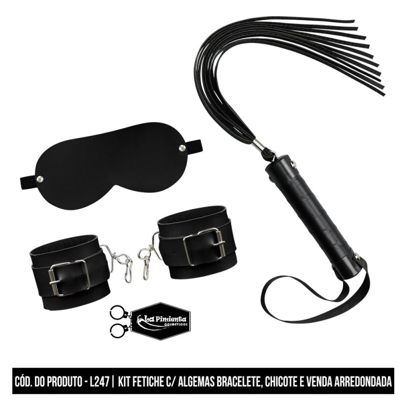 Kit Fetiche 3 Em 1: Algema, Venda E Chicote Preto - L247