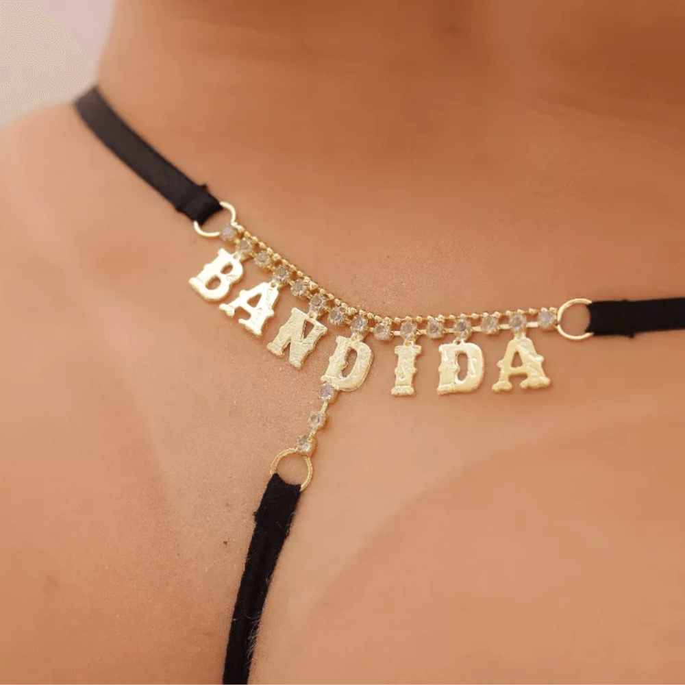 Calcinha Renda Fio Strass e Frase - Preta