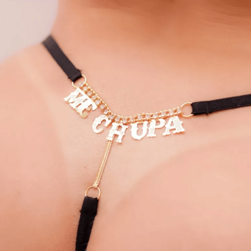 Calcinha Renda Fio Strass e Frase - Preta
