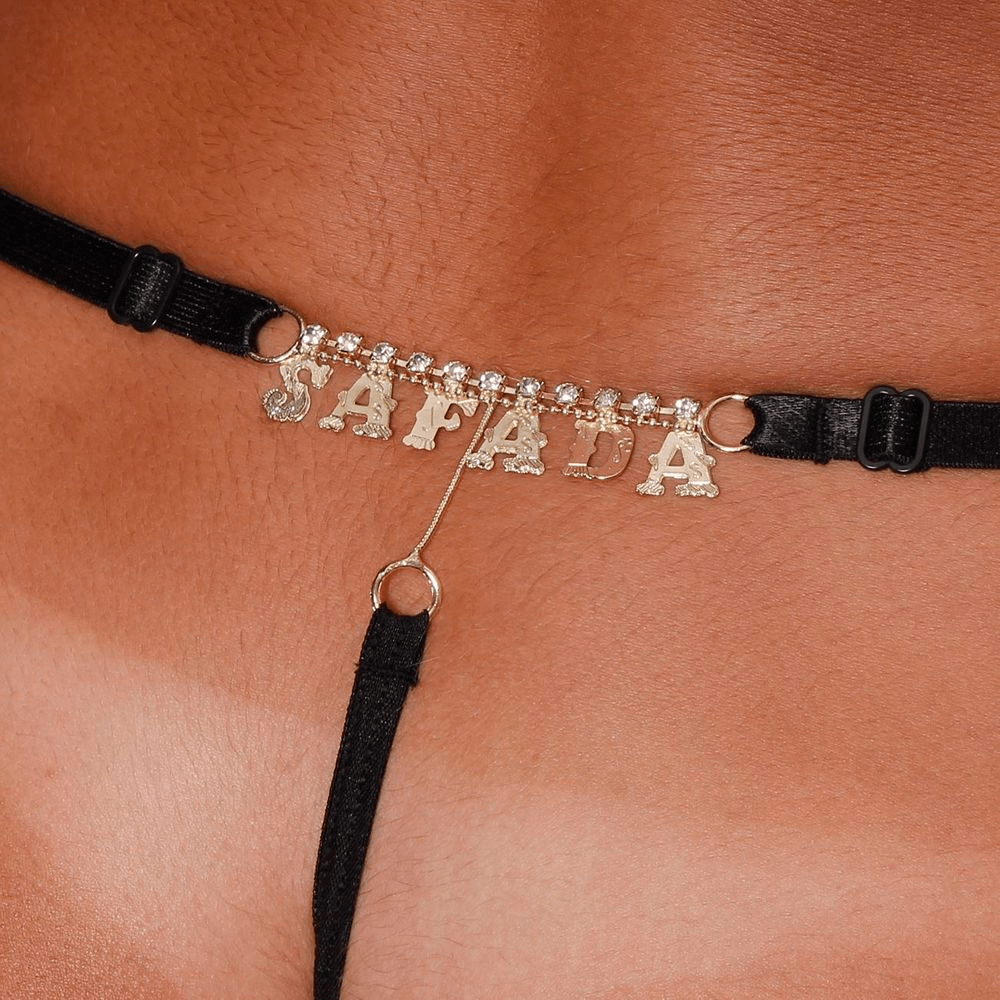 Calcinha Renda Fio Strass e Frase - Preta
