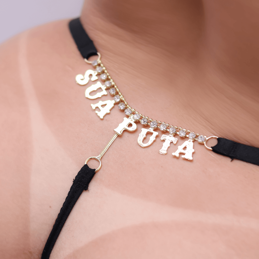 Calcinha Renda Fio Strass e Frase - Preta